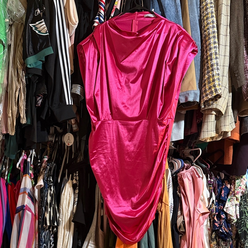 Vibrant Pink Satin  mini ruched Dress nwt